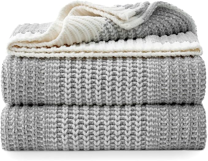 Premium Chenille Throw Blanket, Soft Cozy Luxury Two-Tone Knit Blanket for Couch, Sofa, Chair, Home Decor, Grey & Ivory 50"x60"