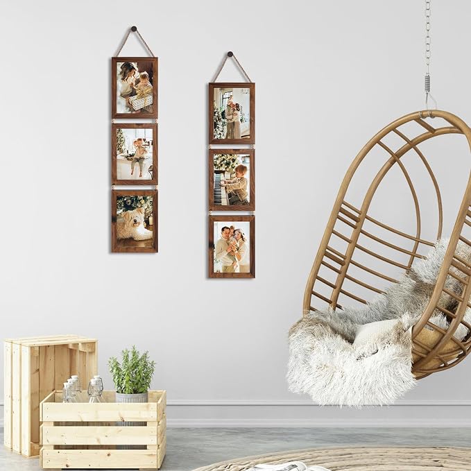 QUTREY 5x7 Collage Picture Frames, 6 Openings Hanging Photo Frame Set Display Vertical 5 by 7 inch Pictures for Wall Decor, Rustic Walnut Brown, 2 Pack