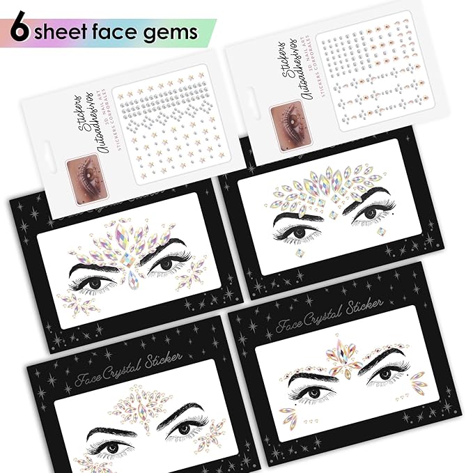Erythem Face Gems for Women 6 Sheets Face Jewels Stick On Self Adhesive Rhinestones Stickers for Makeup Music Festival Rave Party (4Luminous)