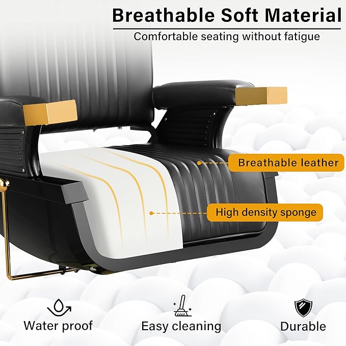 Barber Chair, Heavy Duty Reclining Barbershop Chair for Hair Stylist with Footrest and Headrest, Adjustable 360° Swivel All Purpose Hydraulic Salon Chair for Home Spa Beauty, Black Gold