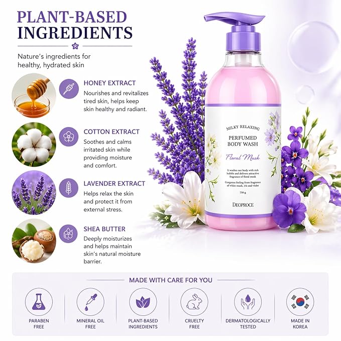Deoproce Milky Relaxing Perfumed Body Wash 25.36 OZ Floral Musk Lightweight Cleansing Body Wash with White Musk Iris Violet Scent for Daily Body Care