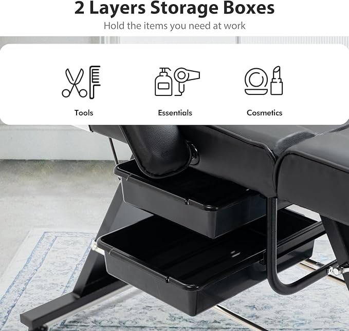 Massage Salon Tattoo Chair with Two Trays， Esthetician Bed with Hydraulic Stool,Multi-Purpose 3-Section Facial Bed Table, Adjustable Beauty Barber Spa Beauty Equipment (Black, Wide)