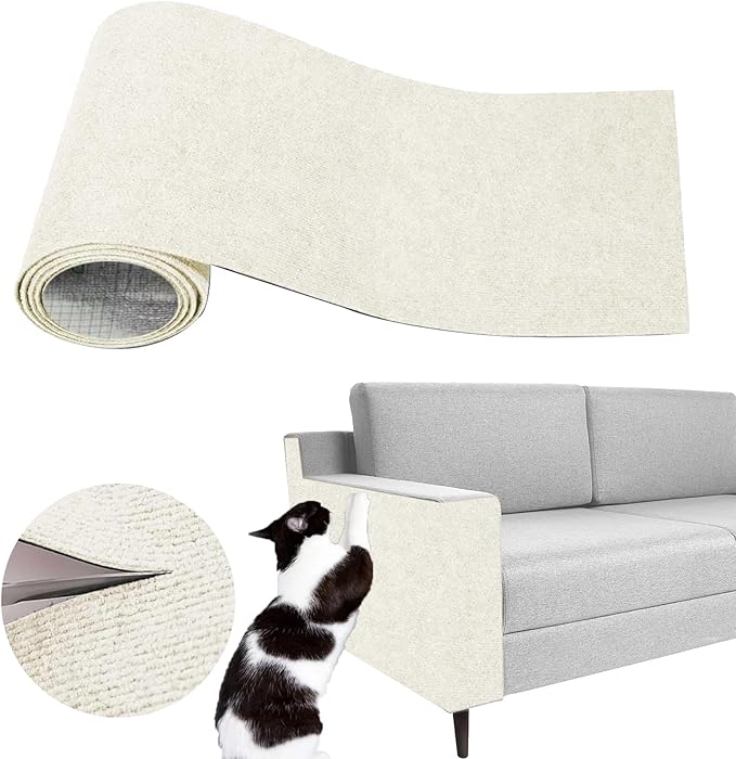 SREBAY Cat Scratch Couch Furniture Protector, Self-Adhesive Scratch Pad | 39.3x15.8In Thickened, DIY Climbing Cat Carpet Mat for Door Window Protector, Couch Guard from Claw with Pins&Tape, OffWhite