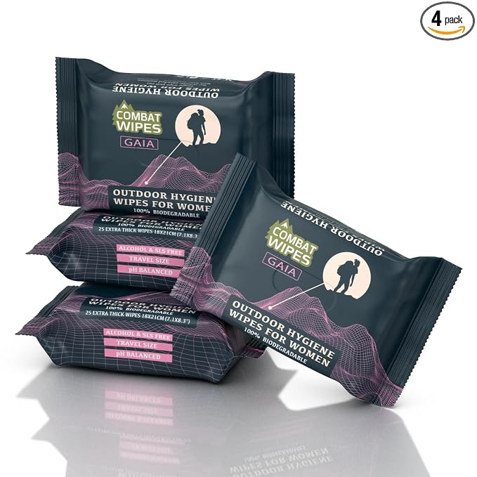 Combat Wipes Gaia - Feminine Hygiene Outdoor Wet Wipes - Extra Thick, Ultralight, Biodegradable, pH Balanced Cloths for Women (100 Count Pack of 4)