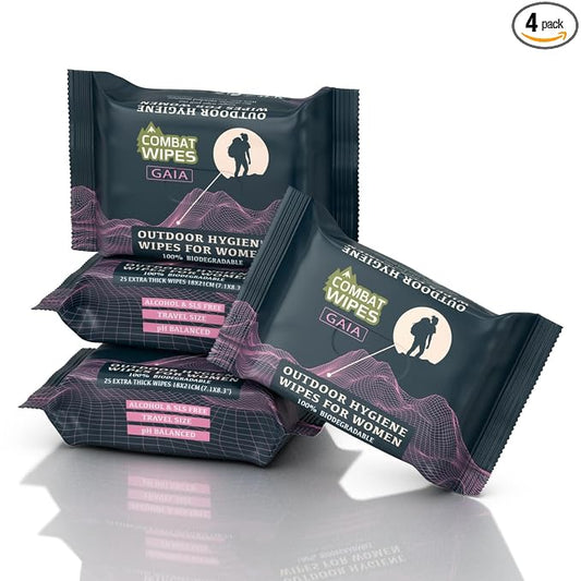 Combat Wipes Gaia - Feminine Hygiene Outdoor Wet Wipes - Extra Thick, Ultralight, Biodegradable, pH Balanced Cloths for Women (100 Count Pack of 4)
