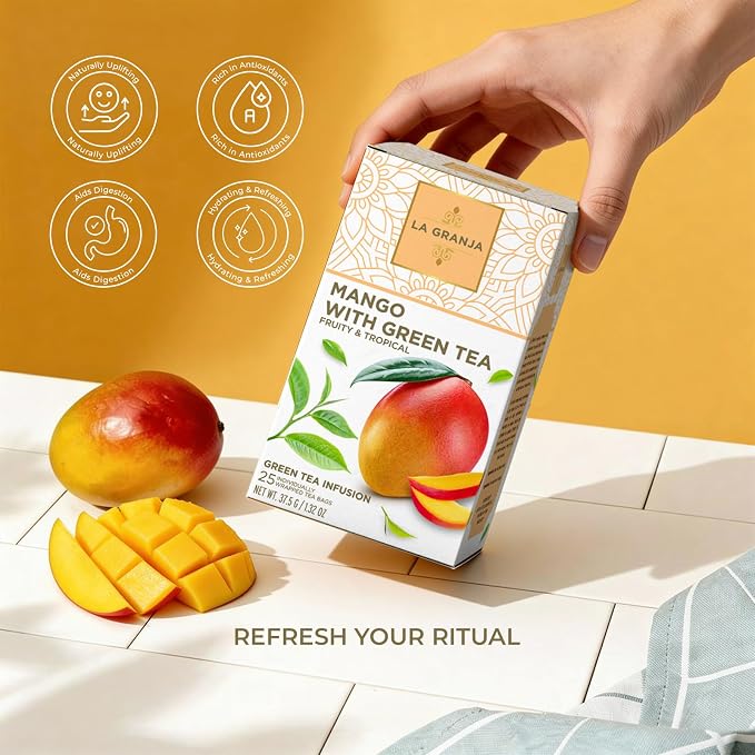 Life Plus Style Gourmet La Granja Mango Green Tea Tropical Mango Tea Fruity Flavor Naturally Caffeinated & Zero Sugar Refreshing Hot or Iced Individually Wrapped 25 Tea Bags