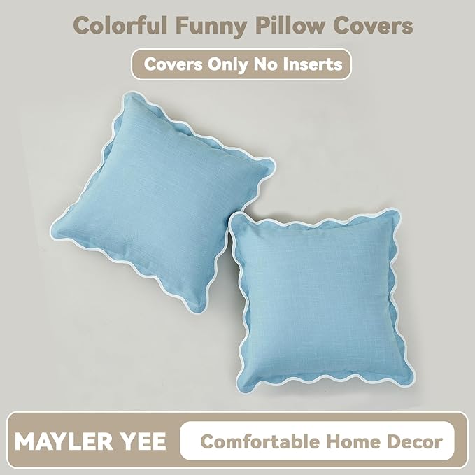 Scalloped Pillow Covers Set of 2 for Living Room | Spring Decorative Sofa Couch Pillows | Boho Sytle Decorative Home | Aesthetic Funky Preppy Pillow Cases (Blue, 20x20 Inch)