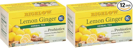 Bigelow Tea Lemon Ginger plus Probiotics Herbal Tea, Caffeine Free Tea with Lemon and Ginger, 18 Count Box (Pack of 12), 108 Total Tea Bags