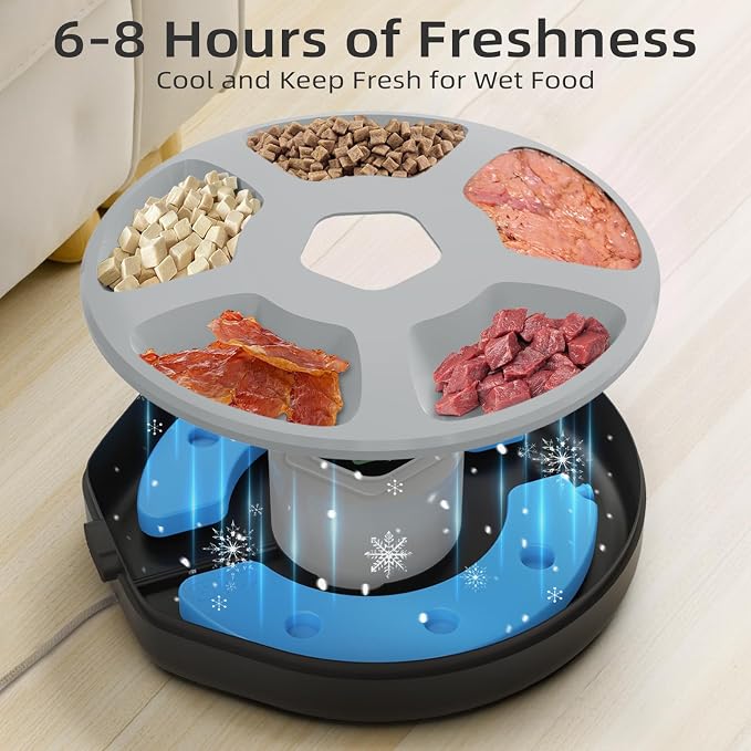 Automatic Pet Feeder for Wet & Dry Food, 5-Meal Timer Dispenser with 2 Ice Packs – Ice Tray Accessory, Freeze & Insert to Keep Pet Food Fresh & Cool, Extends Freshness in Automatic Feeders