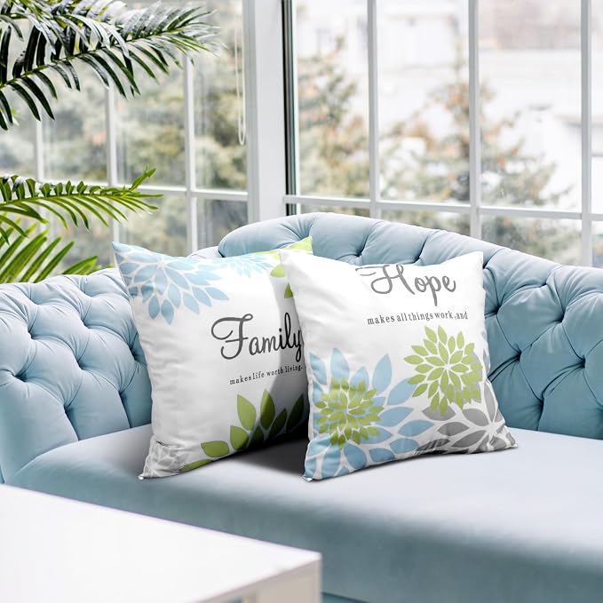 Tatuo 4 Pcs Flower Pillow Covers Square Summer Pillow Cushion Cases 18 x 18 Inch Family Faith Hope Love Words Decorative Spring Winter Cushion Case for Bed Couch Sofa Living Room(Green Series)