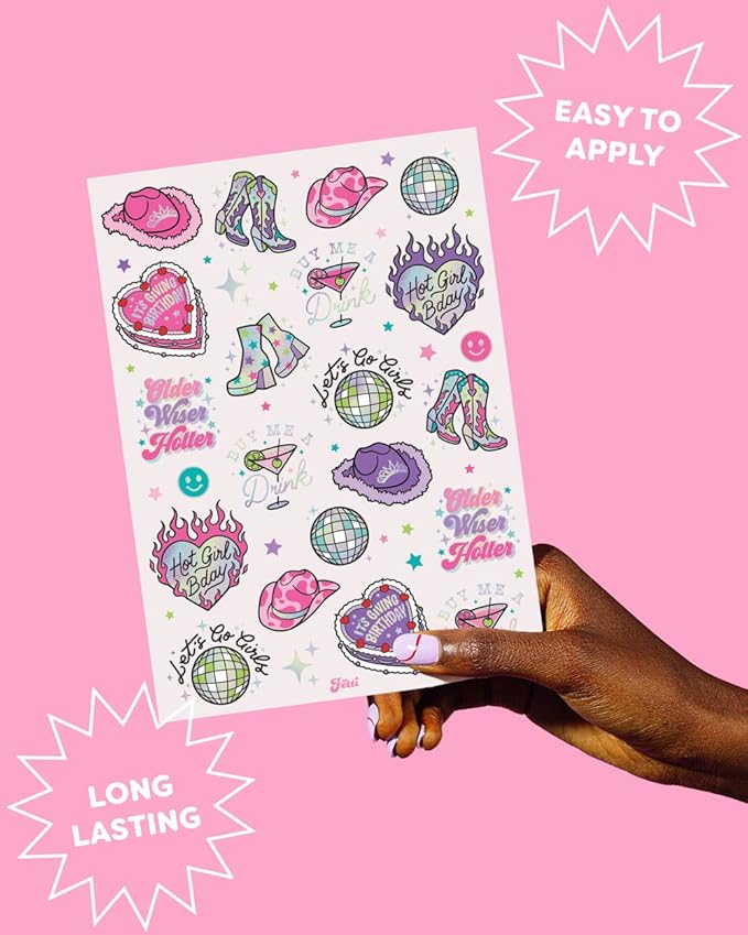 xo Fetti Birthday Decorations Temporary Tattoos - 44 pcs | Fun Bday Girl Party, Older, Wiser, Hotter, HBD, Disco Cowgirl, Hot Girl Bday