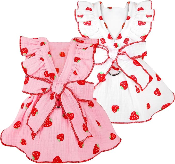 Dog Dresses for Small Dogs Girl Female Clothes Cat Clothes Cat Dress Cute Cotton Extra Small Summer Clothes Bow Decor Printed Strawberry Dog Birthday Outfit Puppy Clothes