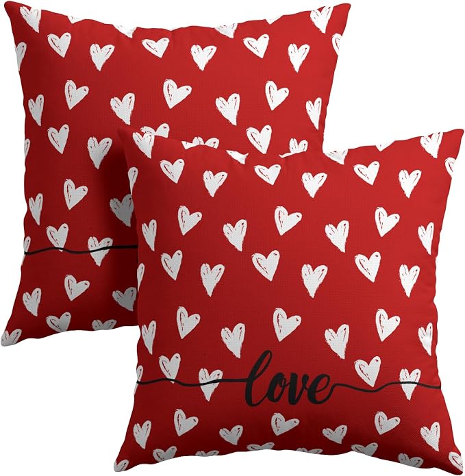 Kawani Valentine's Day Throw Pillow Covers 16x16 Inch Set of 2 Romantic Love Hearts Red Pillowcase Cotton Linen Couch Cushion Case with Hidden Zipper Closure for Wedding Anniversary Decor