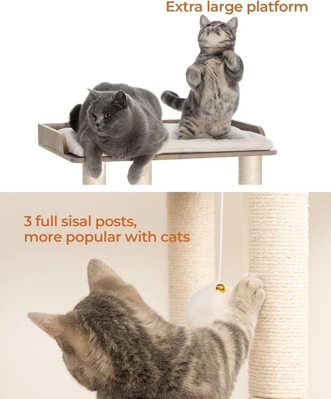 22in Cat Tree Tower Condo, Cat Scratch Posts for Indoor Cats, Big Plate, Three 23.6in Full Sisal Scratching Posts, Greige