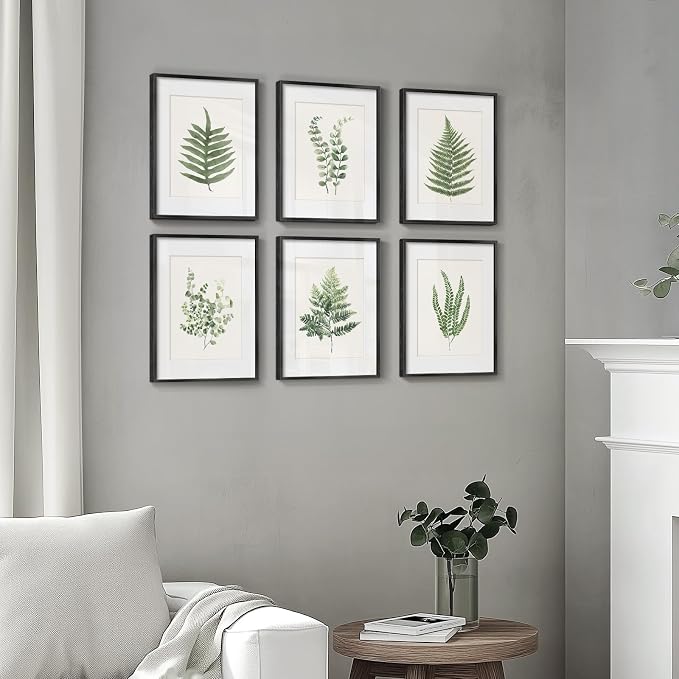 Framed Modern Green Tropical Fern Botanical Wall Art, 6 Piece 11x14 In | Leaf painting, Plant leaves wall decor, Plexiglass with mat prints, Ready to hang artwork, Living room bedroom pictures