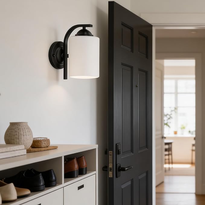 Wall Sconces Lights for Bedroom Bathroom, Modern Vanity Light Fixtures, Matte Black Farmhouse Wall Mount Lighting, Hardwired Wall Lights with Glass Shade for Living Room Mirror Hallway