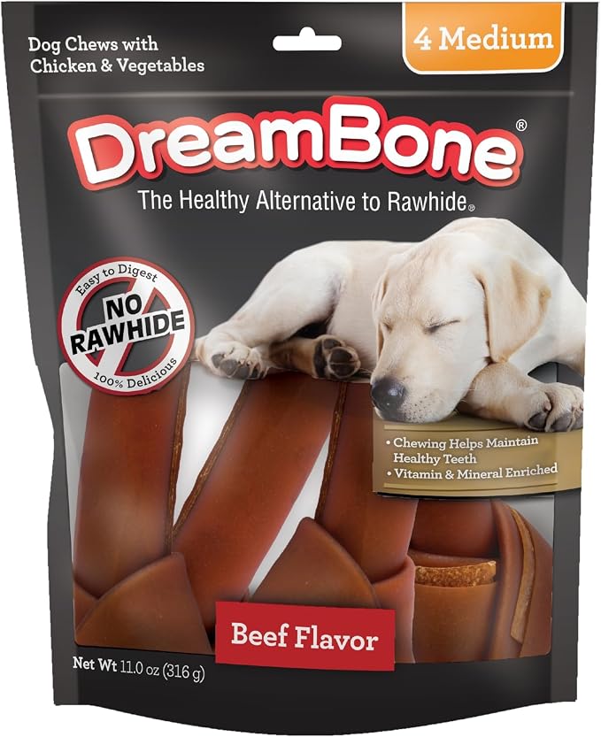 DreamBone Chews, Medium Rawhide Free Dog Bones Made With Real Beef, Chicken and Vegetables, 4 Count | Daily Chew, Digests Safely and Completely, Made With Real Chicken and Veggies, For Adult Dogs
