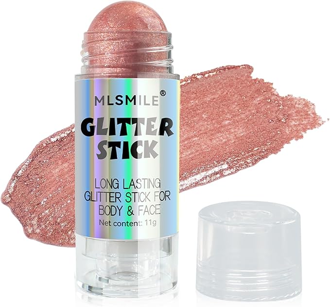 Rose Pink Body Glitter Stick, Multi-Use Highlighter Makeup, Long Lasting Glitter Stick for Body & Face Eyes Lip, Glitter Sparkling Mermaid Sequins for Women, Great for Daily, Festival, Party