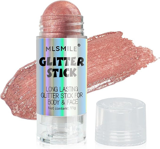 Rose Pink Body Glitter Stick, Multi-Use Highlighter Makeup, Long Lasting Glitter Stick for Body & Face Eyes Lip, Glitter Sparkling Mermaid Sequins for Women, Great for Daily, Festival, Party