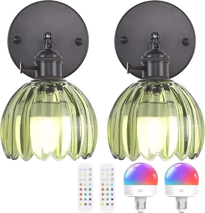 Shenmoyl Vintage Battery Operated Wall Sconce with Green Tulip Glass Lampshade Rechargeable Battery Powered Black Wall Light with Remote Control for Bedside Bedroom Doorway, Set of 2