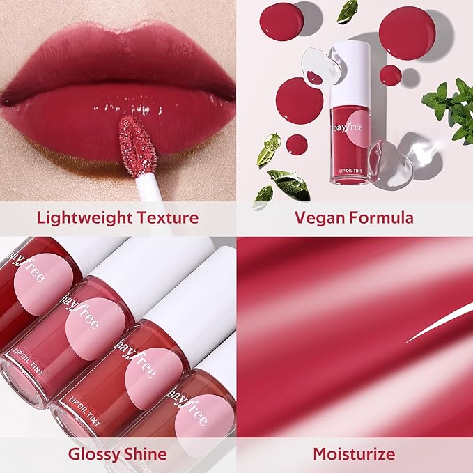 bayfree Hydrating Tinted Lip Oil, Korean Lip Gloss with High Shine & Pigmented Color, Lightweight Non-Sticky Formula for Dry Lips, Vitamin E Enriched for All-Day Moisturizing, Vegan & Cruelty-Free