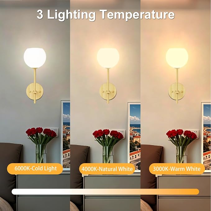 Wood Grain Battery Operated Wall Sconces Set of 2, Rechargeable Wireless Wall Lights with Milky White Frosted Glass, 12 RGB and 3CCT Dimmable Wall Lamps with Remote for Bedroom Living Room Hallway