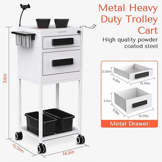 TASALON Salon Trolley Cart with Wheels, 2 Magnetic Bowls & Drawers | Mobile Hair Stylist Station for Tools Storage, Rolling Organizer Cart for Barber & Tattoo Supplies - White
