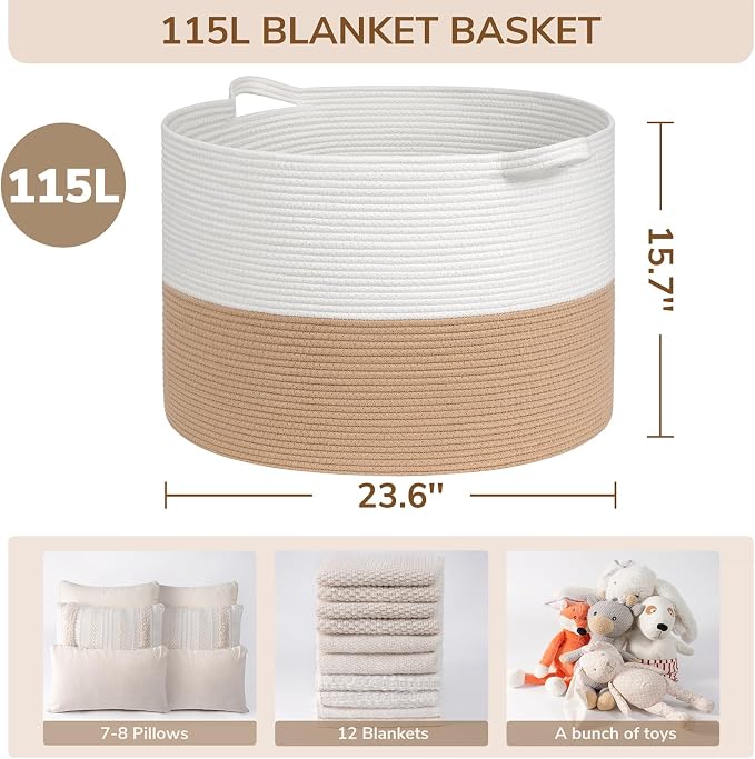 INDRESSME 115L Extra Large Woven Rope Blanket Basket Living Room | 23.6" x 15.7" Storage baskets for toys laundry & pillows. Fits living room, bedroom or nursery décor. Soft-touch with handles