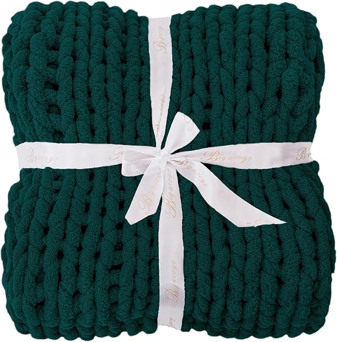 Bigacogo Chunky Knit Throw Blanket for Couch, 40x60 inches, Dark Green | Hand Knit with Jumbo Chenille, Soft Breathable Cable Knit for Sofa Bed Living Room, Machine Washable, Gift for Mom Friend