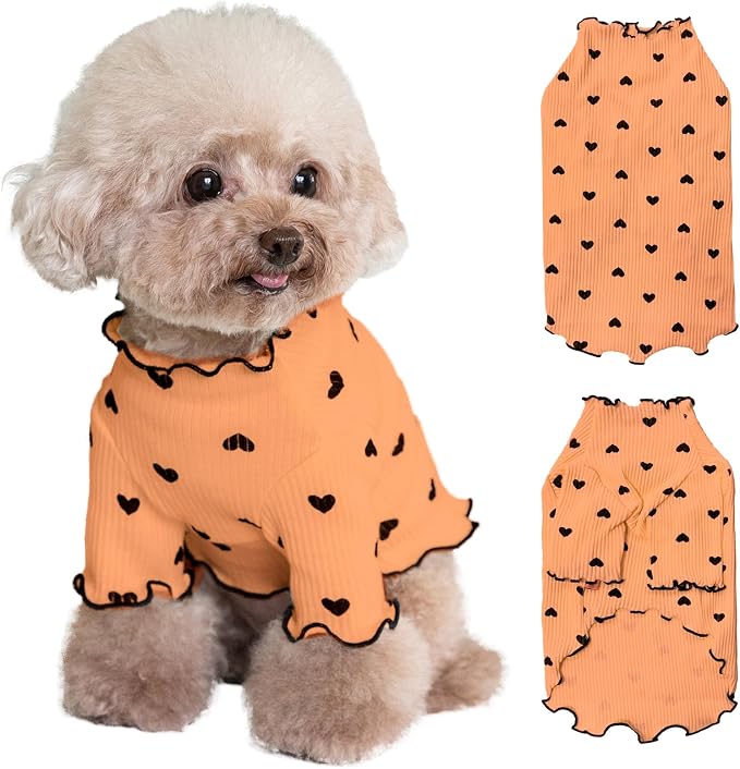 Pet Clothes for Small Dogs Cat Summer Fall Heart Print Shirt Stretchable Ruffle Long Sleeve Outfits for Chihuahua Schnauzer Shih Tzu Yorkie (Orange, Medium)