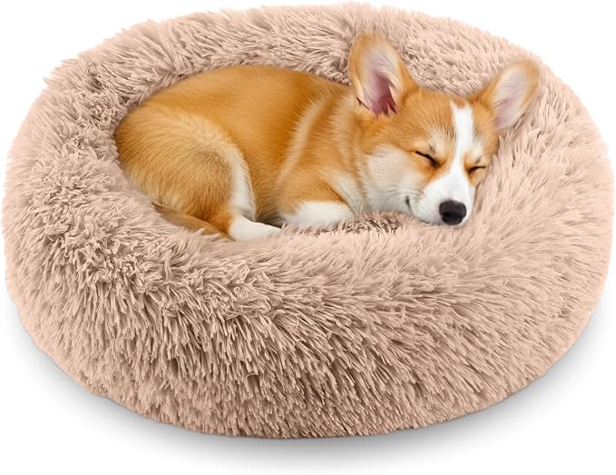 Calming Donut Dog and Cat Bed for Indoor Cats, Anti-Anxiety Round Fluffy Soft Washable Small Pet Bed for Puppy & Kitten, Warming Comfortable Luxury Anti-Slip Waterproof Mute Base 20in (Camel)