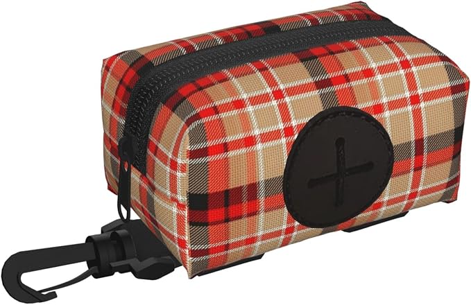 Dog Waste Bag Dispenser Pet Poop Bags Holder Zipper Red Beige Tartan Plaid Pattern Small Doggy Puppy Pouch for Leash Accessory