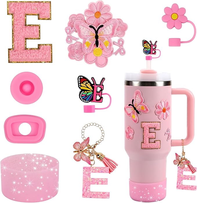 15PCS Cup Accessories Set for Stanley Cup 30oz 40oz Tumbler with Handle, Including Silicone Straw Cover and Boot, Spill Proof Stopper, Stanley Charms, Handle Charm, Initials Sticker