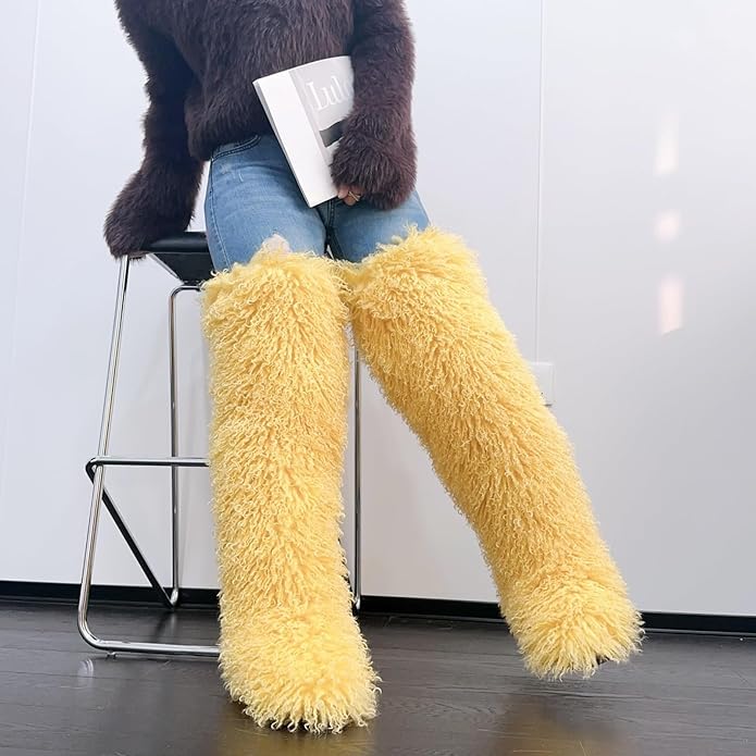 SWEETHEART BEAUTY Thigh High Shagy Teddy Fur Boots, 29 Inch Over the Knee Length Fluffy High Boots, Tall Furry Shoes For Women