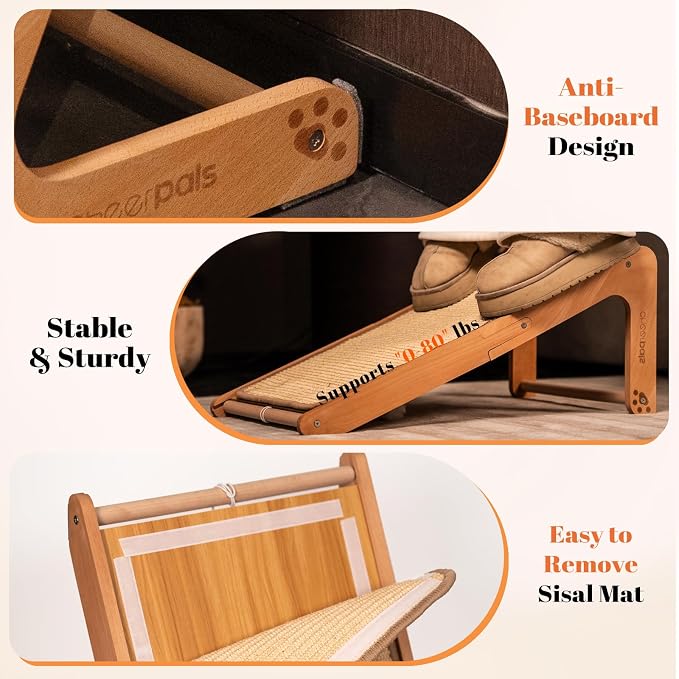 Sisal Cat Scratcher Ramp with Balls L-Shape Wooden(Upgraded) | 120° Dual-Use Cat Scratching Post. Built-In Ball Toy. Natural Sisal Scratch For Indoor. Protects Furniture. Quality Beech