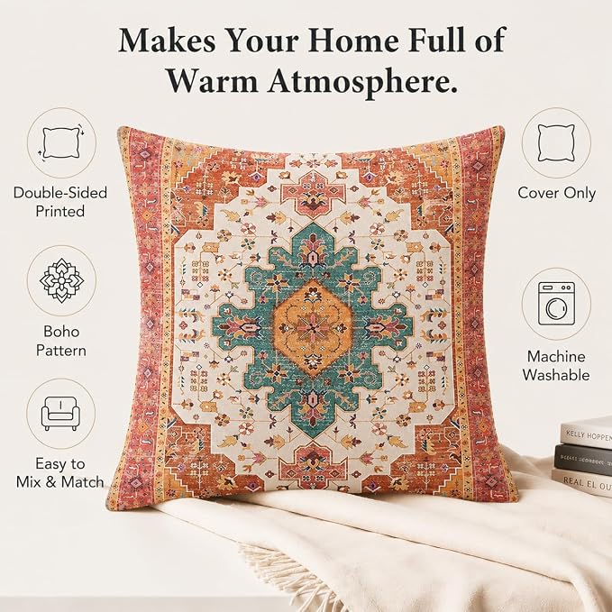 Boho Throw Pillow Covers 18x18 Inch Set of 2,Soft Pillowcases Bohemia Carpet Printing Pattern Decorative Sofa Living Room Bed Square Pillow Case Cushion Cover-Reddish Orange