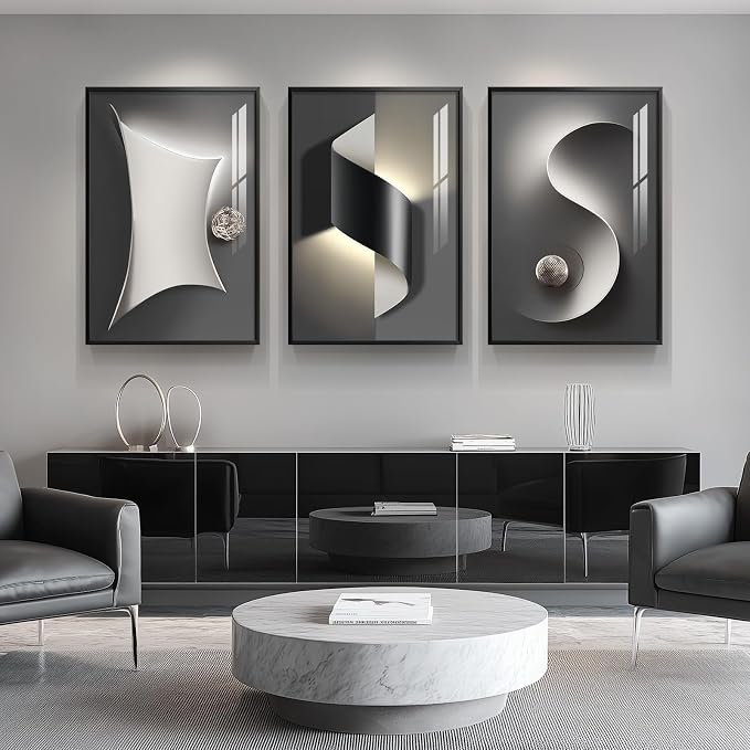 Framed Modern Black and White Abstract Wall Art for Living Room, Large 3 Piece Bright Style Silvery Artwork for Walls, Luxury Painting Prints for Dining Room Hallway Office Wall Decor, 24x36 In
