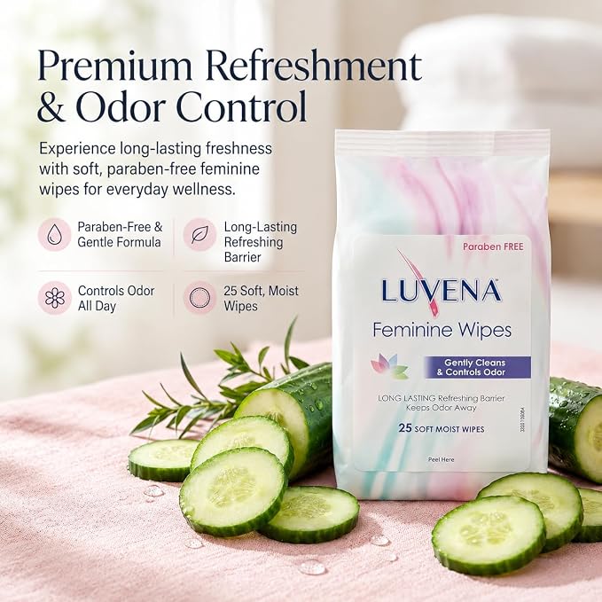 Luvena Feminine Wipes for Women - pH Balanced Feminine Care Wipes - Dermatologist Tested - Hypoallergenic, Paraben Free - Odor Control - Soft Cleansing Cloths - Cucumber Scented (25 Count, 3 Pack)