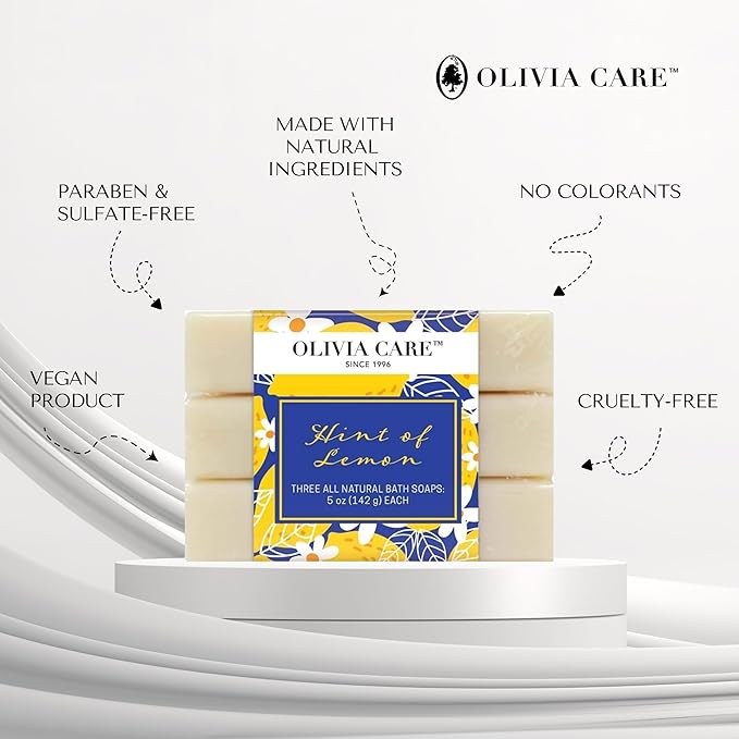 Olivia Care Lemon Bar Soap 3 Pack Natural, Organic - Infused with Citrus Lemon Essential Oil - Clean Energize Mind Body - Moisturize, Hydrate - Makes Skin Soft & Silky - 3 X 5 OZ