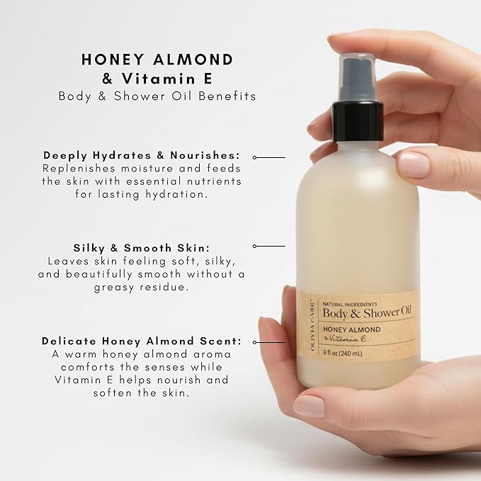 Olivia Care Nourishing Honey Almond Body Oil with Vitamin E: In-Shower Bliss for All Skin Types - 8 Fl Oz. (Honey Almond and Vitamin E)