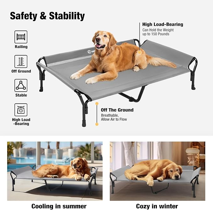Veehoo Cooling Elevated Dog Bed, XL Raised Pet Cot with Guardrail & Slope Headrest, Durable Breathable Teslin Mesh, Non-Slip Feet, Washable Dog Couch Bed for Indoor & Outdoor, 50.5" x 33.5, Gray | Washable Dog Couch Bed for Indoor & Outdoor, Durable Br...