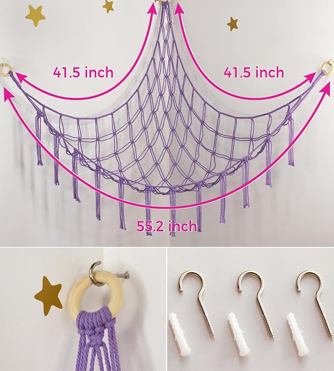 Stuffed Animal Storage Hammock or Net - Toy Hammock Net for Stuffed Animals Corner - Hanging Stuff Animal Organizer Holder Ideas for Plush Plushie - Purple Kids Baby Nursery Wall Bedroom Room Decor