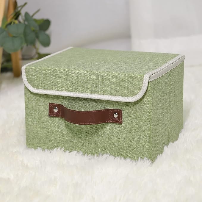 ANMINY Fabric Storage Box Bins with Lids, Green, 10"x8"x7" | Keepsake Memory Storage, Cotton Linen, PP Board Reinforced, Washable, PU Handles, Foldable & Stackable, Decorative, Small
