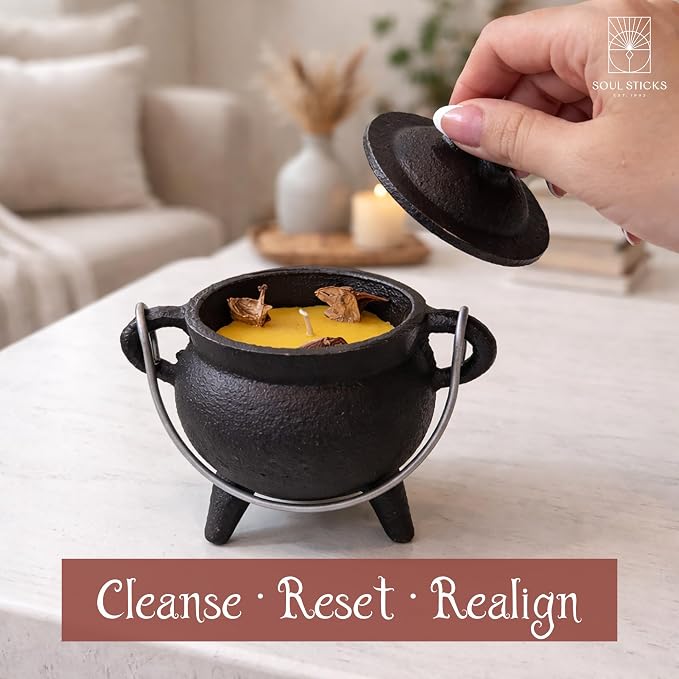 Reusable 4-Inch Cast Iron Cauldron Candle with Lid and Hanging Handle | Ritual & Aromatherapy Candle for Spell Casting, Smudging, Home Cleansing | Herb-Infused with Essential Oils (Sandalwood)