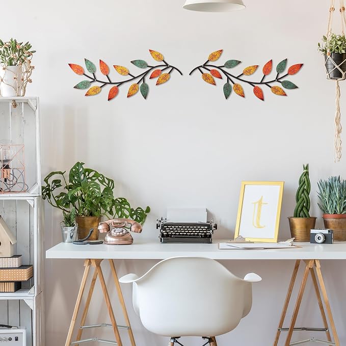 Zhengmy 2 Pcs Metal Leaf Wall Art Vine Branch Decor,Lively Colors | Olive Branch Metal Decor for Living Room Hallway, Symmetrical Leaf Pair for Doorway Entryway, Lightweight Hanging Art Design