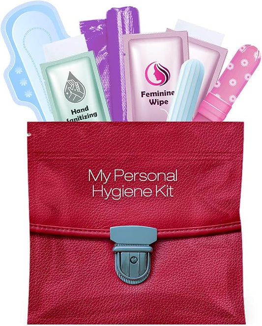 Menstrual Kit All-in-One | Convenience on The Go | Single Period Kit Pack for Travelling, Tweens & Teenagers or Emergency situations | Individually Wrapped Feminine Hygiene Products (Red Purse)
