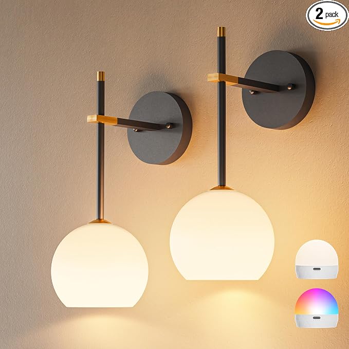 Black Gold Battery Operated Wall Sconces Set of 2, Rechargeable Wireless Wall Lights with Milky White Frosted Glass, 12 RGB and 3CCT Dimmable, Wall Lamps with Remote for Bedroom Living Room Hallway