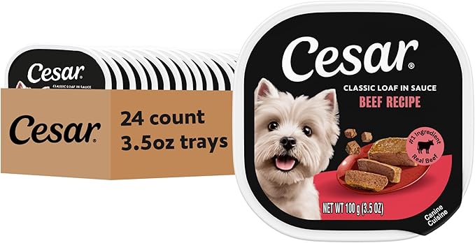 Cesar Classic Loaf in Sauce Wet Dog Food, Beef Recipe, 3.5 oz, 24 Count | Real beef #1 ingredient, Made in USA, Easy peel trays, no fillers/added sugar/artificial flavors, use as meal or topper
