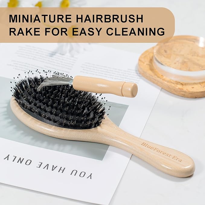BlueForest Era Hair Brush, Boar & Nylon Bristle Hair Brushes for Women Men Kids, Natural Bamboo oval Paddle Handle Hairbrush for Wet or Dry Hair Adds Shine and Smoothing Massaging Detangling