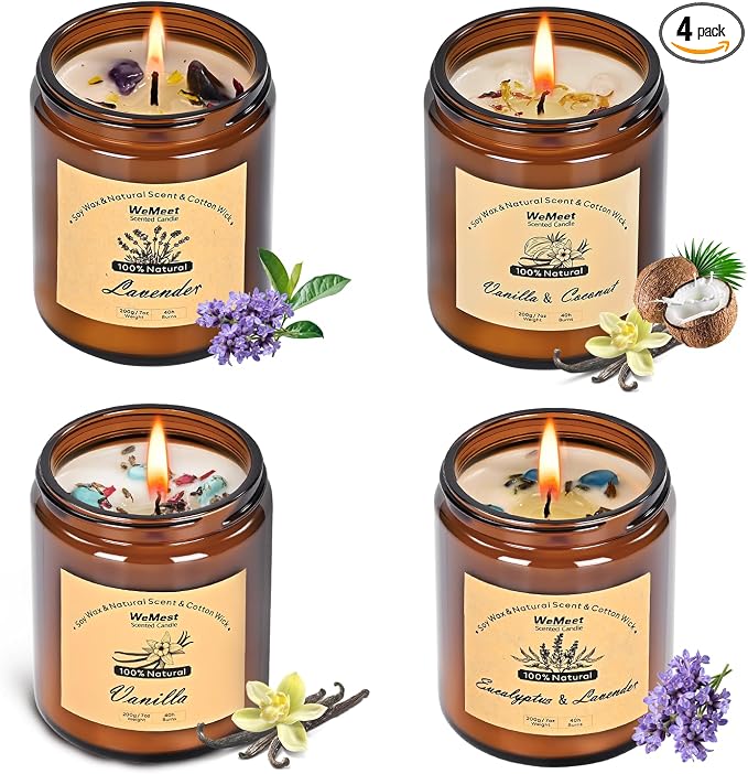 WEMEET Scented Candles Set, 4 Pack Aromatherapy Candle with Crystals, 28 oz 160 Hour Long Lasting Candle, Soy Wax Scented Candle with Dried Flowers, Gifts for Men, Women, Birthday, Mother's Day